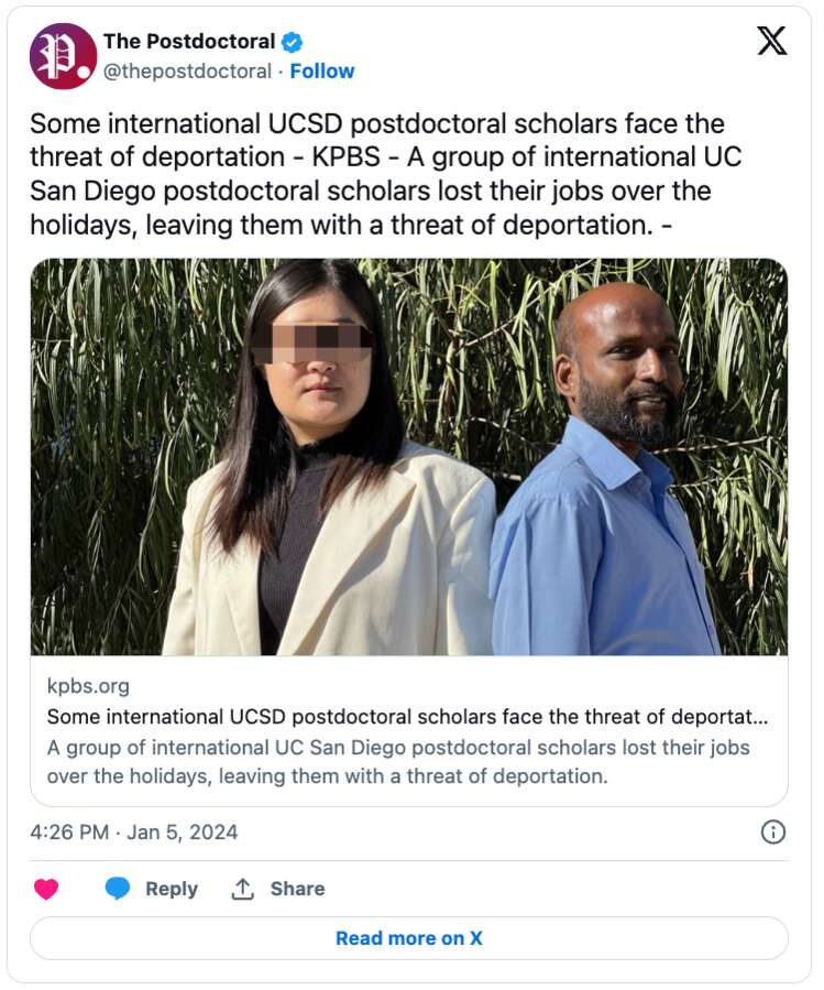 UCSD多名国际博士后面临驱逐出境威胁 含中国学者